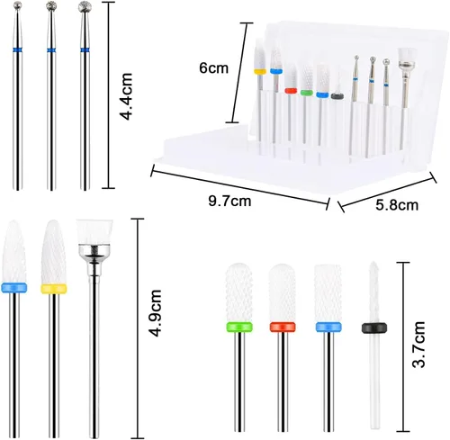 Vista 2 de URAQT Juego de brocas de cerámica para uñas, 10 piezas de brocas eléctricas de 3/32 pulgadas, brocas profesionales para pulir cutículas para uñas