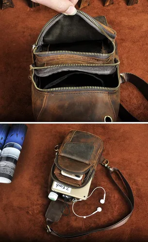 Vista 5 de Le'aokuu Hombres al aire libre Casual Viaje Senderismo Té Crossbody Pecho Sling Bag Rig Un Hombro Correa Bolsa Mochila Hombres Cuero
