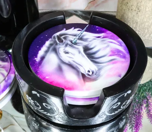 Vista 6 de Ebros Gift Romántico juego de posavasos de unicornio sagrado índigo con 4 posavasos de cerámica y diseño floral redondo con diseño de desplazamiento