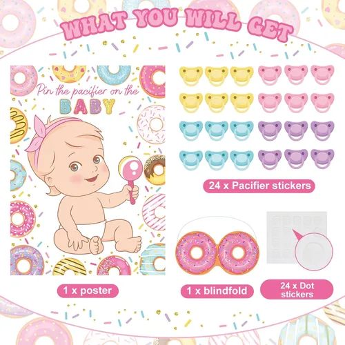 Vista 3 de Faccito Pin The Chupete Juego de baby shower, decoración de fiesta de baby shower, incluye póster grande, 24 calcomanías para chupete, juego