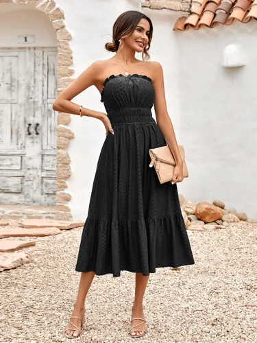 Vista 7 de Dokuritu Vestido de verano para mujer, sin tirantes, sin tirantes, para fiesta en la playa, vestido de tubo, vestido por debajo de la rodilla