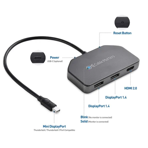 Vista 8 de Cable Matters 101065, divisor Mini DisplayPort/DisplayPort (2 DP + 1 HDMI), DP MST Hub con 2 puertos de pantalla y 1 HDMI para Windows,
