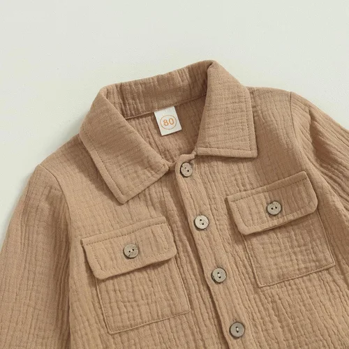 Vista 4 de Conjunto de ropa de algodón y lino de manga larga con botones y pantalones con cordón para bebé
