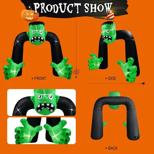 Vista 3 de Arco inflable de Halloween de 9 pies de alto, decoración de Frankenstein, arco inflable de Frankenstein integrado, 5 luces LED para decoración