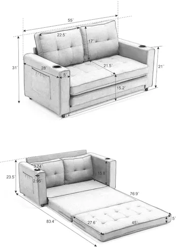 Vista 2 de Sofá cama plegable con soporte para tazas, sofá cama plegable con bolsillo lateral, sofá cama futón convertible para invitados