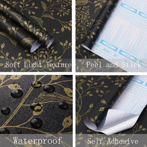 Vista 4 de Heroad Papel Tapiz Autoadhesivo Despegar y Pegar Negro Papel de Contacto Floral Dorado Papel Tapiz Moderno Boho Removible Papel de Contacto