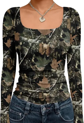 Vista 39 de Trendy Queen - Camisas ombligueras para mujer, manga larga, cuello cuadrado, básicas, para salir, de invierno, Y2K Albaricoque