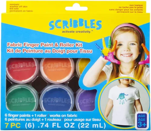 Vista 7 de Scribbles Kit de pintura y rodillo para dedos, seguro para niños, pintura de tela permanente, lava la piel, 6 colores neón