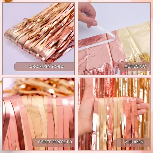 Vista 4 de LOLStar - Cortinas de flecos de papel de aluminio de oro rosa, fondo de fiesta dorado rosa, paquete de 2