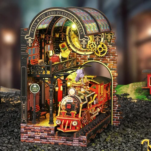 Vista 8 de Kit de rincón de libros, kit de bricolaje en miniatura de casa de muñecas con tren de vapor, rompecabezas de madera 3D para colgar libros con LED