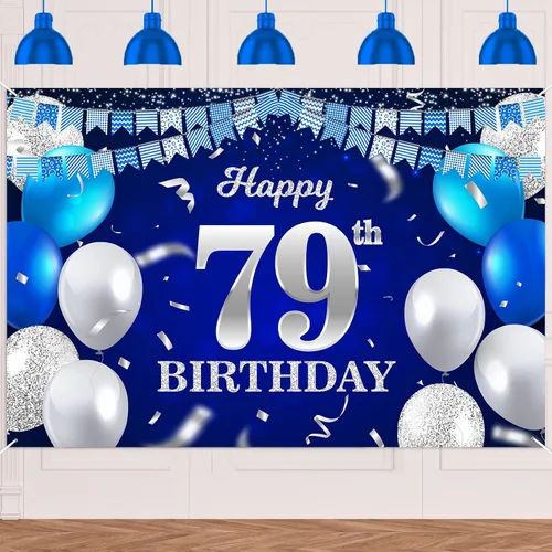 Vista 80 de Bandera de feliz primer cumpleaños con fondo azul marino, globos, confeti, bandera de rayas, luces de puntos, felicitaciones por el tema de 1 año
