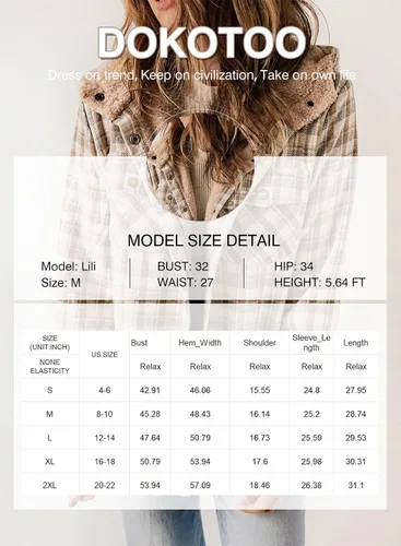 Vista 6 de Dokotoo - Chaqueta para mujer, manga larga, con botones y capucha, de vellón, cálida, a cuadros