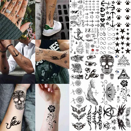 Vista 5 de VANTATY 50 hojas de tatuajes temporales negros para hombres y adultos, animales de lobo león dragón, falsos pequeños tatuajes temporales