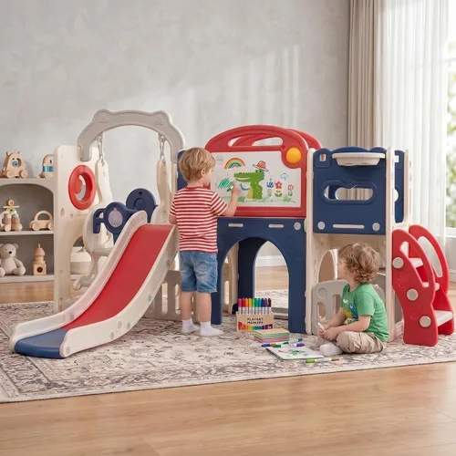Vista 2 de Conjunto de juegos al aire libre 12 en 1 para niños pequeños con columpio, columpio interior y conjunto de tobogán, parque de juegos para niños