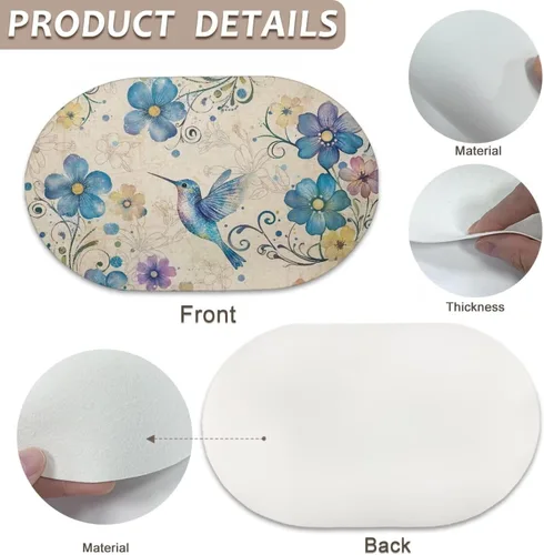 Vista 5 de Blue Flower Dining Table Mats Set of 2 Hummingbird Heat Resistant Placemats Washable and Wipeable Non Slip Place Mat, Waterproof Modern Dining Table