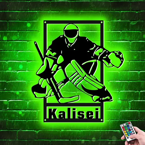 Vista 18 de Letrero de metal personalizado para jugador de hockey con luz LED, nombre personalizado y número, arte de pared de hockey, letrero de neón