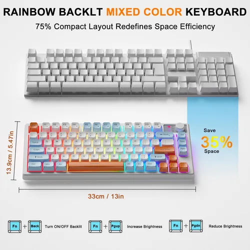 Vista 3 de BlueFinger Teclado y mouse inalámbricos 75% para juegos con pantalla inteligente, teclado inalámbrico recargable con control de perilla, mouse