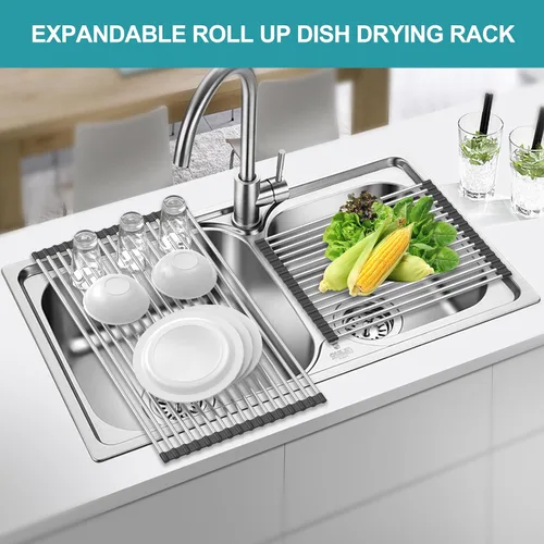 Vista 4 de BBXTYLY Estante Extra Expandible Enrollable para Secar Platos, Cubierta de Fregadero sobre el Lavabo, Accesorios de Cocina, Escurridor Enrollable