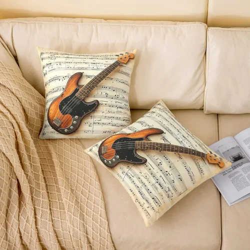 Vista 2 de Guitar Print Double Sides Print Pillow Covers 16"x16",Music Themed Bass Instruments Pillowcase Soft Square Cushion Cases,Rustic Music Score Note