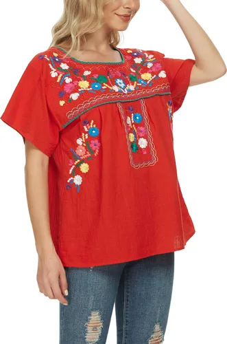 Vista 6 de YZXDORWJ - Cómoda blusa mexicana bordada de verano y sin mangas para mujer