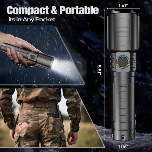 Vista 6 de Linterna táctica LED recargable, 3 modos, paquete de 2 Waterproof Zoomable Design, Adjustable Brightness Torch, Compact Handheld Size for