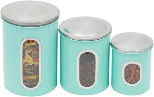 Vista 2 de Conjunto de botes de cocina retro para encimera (juego de 3 piezas) turquesa de Home Basics - Contiene ventanas transparentes; ideal para harina