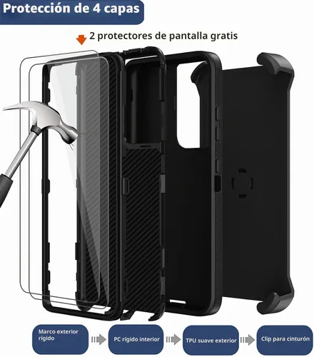 Vista 3 de Funda para Samsung Galaxy S21 Ultra con funda de clip para cinturón, 2 protectores de pantalla, cuerpo completo resistente, a prueba de golpes, a
