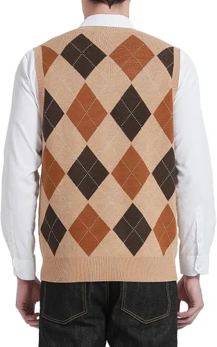 Vista 3 de Kallspin Suéter tipo chaleco con rombos para hombre, mezcla de lana, cuello en V, sin mangas