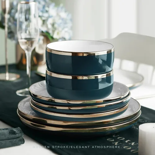 Vista 3 de Pokini Juego de vajilla de porcelana, juego de 12 platos y cuencos de porcelana de lujo, juego de platos verdes con borde dorado para boda