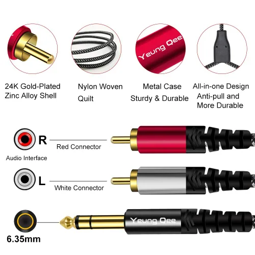 Vista 2 de Cable de 0.250 in a 2RCA de 3 pies, cable estéreo TRS macho de 0.250 in 1/4 pulgadas a RCA macho de audio y cable divisor en Y (3 pies/3.3 ft)