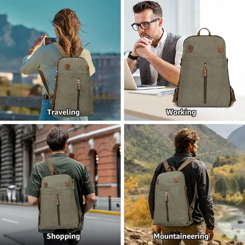 Vista 5 de KL928 Mochila de lona vintage para hombres y mujeres, mochila para laptop, mochila de viaje, bolsa de viaje al aire libre, verde oliva