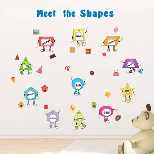 Vista 2 de IARTTOP Calcomanías de pared con formas coloridas, calcomanías de pared de geometría de aprendizaje educativo, calcomanías de pared extraíbles