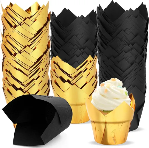 Vista 10 de Augshy - Revestimientos para magdalenas, 60 envoltorios de tulipanes negros y dorados para hornear Greaseproof Paper Muffin Wrappers Holders, Cake