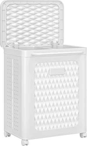 Vista 9 de VECELO Cesta de lavandería con ruedas y tapa, cesta plegable de plástico con asa, carrito de lavandería dividido rodante para espacios pequeños Negro