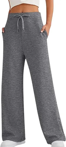 Vista 2 de ERTUPE Pantalones deportivos de pierna ancha para mujer, cintura alta, pierna recta, para otoño, holgados, acampanados, con cordón, pantalones