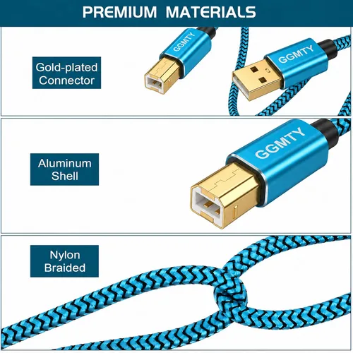 Vista 6 de Cable de impresora USB de 6 pies, cable USB 2.0 trenzado de nailon tipo A a B macho con conectores chapados en oro, cable escáner de transferencia