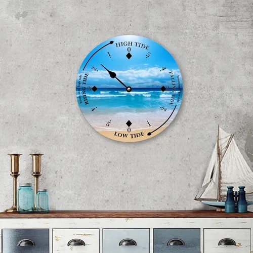 Vista 4 de Reloj de marea de madera, reloj de pared de madera costera, reloj de predicción de mareas de luna con marea alta y baja marea náutica, reloj
