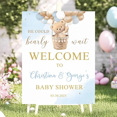 Vista 8 de Letrero de bienvenida con texto en inglés «We Can Bearly Wait Baby Show» para niño, tema de globo de oso de peluche azul Style#1
