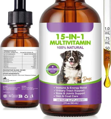 Vista 2 de Gotas multivitamínicas para perros, líquido multivitamínico 15 en 1 para perros con vitamina C-20 Mg, vitamina D-100 Iu y B1-3, suplementos de salud