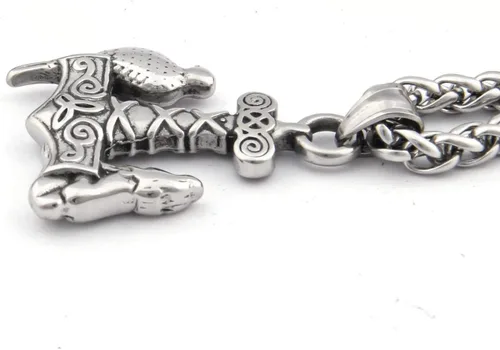 Vista 2 de Bavipower Raven vikingo Odin Thor Hammer Mjolnir colgante de acero inoxidable nórdico pagano joyería potente amuleto de protección para hombres