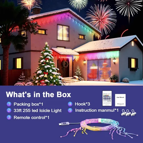 Vista 8 de AHAWILL - Luces de carámbano para exteriores, luces de Navidad al aire libre de 33 pies con 255 LED regulables, IP65 impermeables, luces de cadena