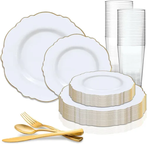 Vista 3 de Elegante vajilla desechable de plástico resistente, platos de plástico con diseño de borde de flores, para bodas, cumpleaños y todas las ocasiones