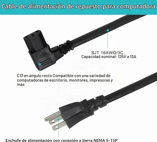 Vista 3 de Cable de alimentación de computadora en ángulo recto de 1 pie, enchufe NEMA 5-15 a cable de alimentación IEC C13, cable de alimentación universal