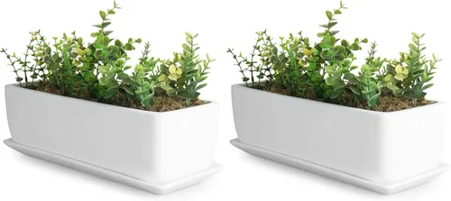 Vista 9 de Maceta moderna rectangular minimalista de cerámica de 10 pulgadas para plantas suculentas/Caja abierta con platillo, Moderno, Blanco
