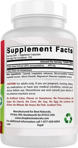 Vista 6 de Best Naturals Extracto de semilla de uva 400 mg cápsula vegetariana, 120