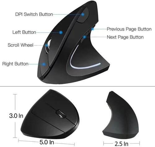 Vista 6 de Ratón ergonómico, ratón vertical inalámbrico óptico de 2.4 G con 6 botones, 3 DPI ajustables 80012001600 para laptop, PC, computadora, escritorio