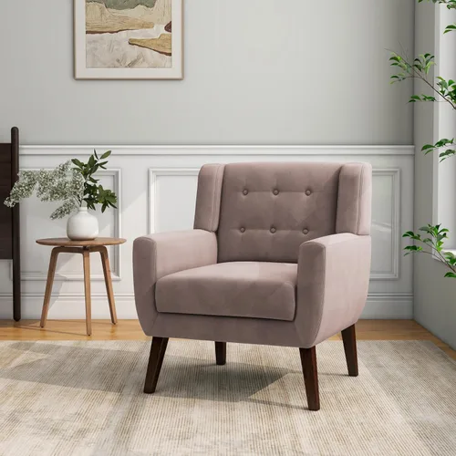 Vista 24 de Accent Chair Set of 1, Comfy Reading Armchair, Beige Linen Blend, Tufted Button Backrest, Solid Wood Frame, Upholstered Club Single Sofa Chairs
