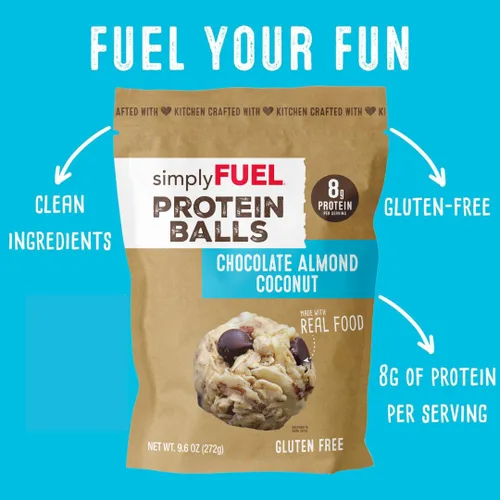 Vista 3 de simplyFUEL - Bolas de proteína de alimentos integrales con probióticos, bocadillos de chocolate y almendras y coco, 0.28 oz de proteína, bolas