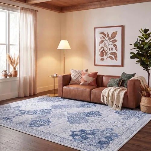 Vista 12 de SAFAVIEH Tucson Collection - Alfombra lavable de 2 pies 6 pulgadas x 8 pies, gris y azul marino, antideslizante, ideal para zonas de alto tráfico
