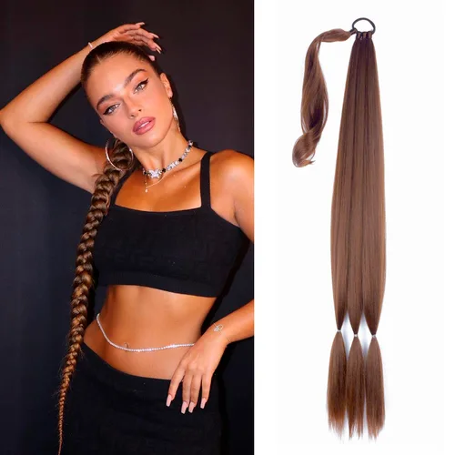 Vista 17 de Paquete de 2 extensiones de cola de caballo trenzada con lazo elástico, lacio, elegante envolvente, extensiones de cola de caballo de 26 pulgadas
